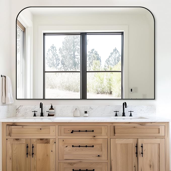 Bathroom Mirror, Wall Mirrors, Black Metal Framed Wall-Mounted Mirrors, Bathroom Vanity Mirror for Over Sink, Living Room, Bedroom, Entryway, 55x36 Inch, Black
