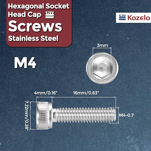 Kozelo 100pcs Socket Head Cap Screws - [M4-0.7 x 16mm] 304 Stainless Steel Allen Socket Drive for Electrical Motor 3D Printing Fan Engine Replacement Use, Silver