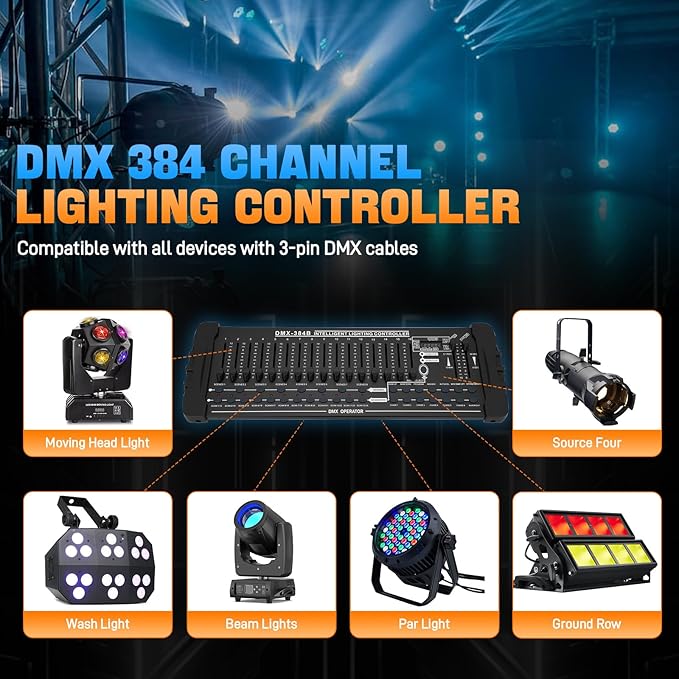DMX 384 Channel Lighting Controller with DMX512 Protocol Compatible with Moving Head Light, DMX Operator Console with MIDI Control for DJs, Stage, Party, Club, Theater Lighting