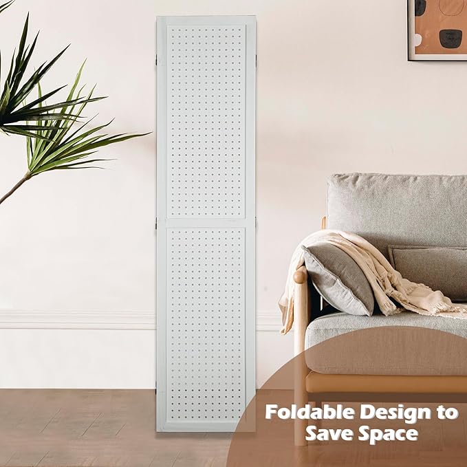 ECOMEX 6 Panel Room Divider, 5.6Ft Pegboard Display Wooden Room Divider Folding Privacy Screen Room Divider Freestanding Peg Board Display for Trade Show Craft Show Home Wall Organizer, Elegant White
