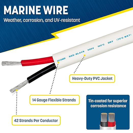 GS Power 50 Ft Duplex Marine Wire, 14 Gauge Wire, Oxygen-Free Tinned Copper 14 AWG Electrical Boat Wiring, Sheathed Copper Marine Grade Electrical Cable for Boat Automotive RV Camper Trailer