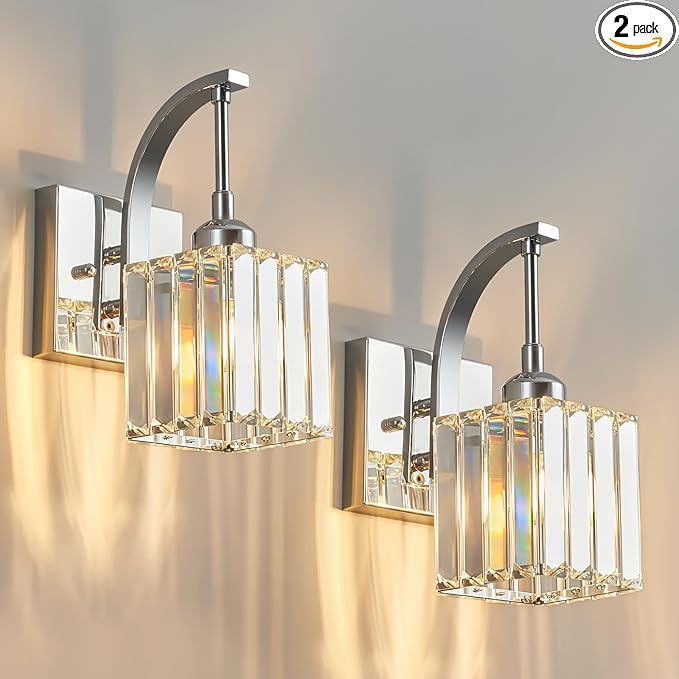 FDPBY Wall Sconces, Set of 2 Chrome Crystal Vanity Lights, Modern Wall Lamp for Bathroom, Hallway, and Makeup, Easy Installation