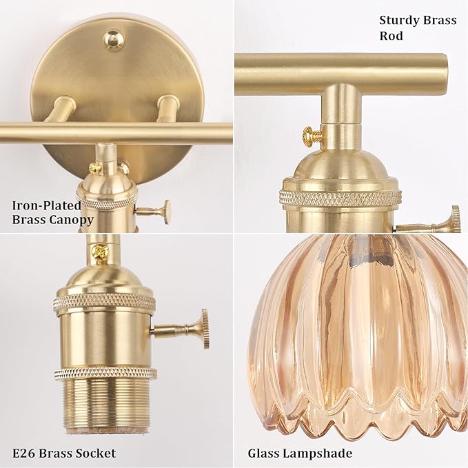 Shenmoyl Bathroom Light Fixtures, 3-Light Brass Vanity Wall Light Over Mirror with Amber Tulip Glass Shade for Bedroom Living Room (Bulb Not Included)