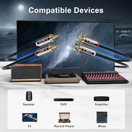 J&D 2 RCA M/M Stereo Audio Cable, Gold-Plated 2RCA Male to 2RCA Male Copper Shell Auxiliary Audio Cord for Home Theater HDTV Amplifiers Hi-Fi Systems Speakers, RCA Audio Cables, 25 Feet
