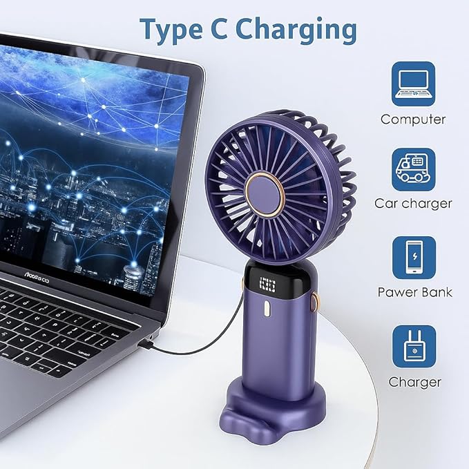 AMPMG LED Digital Display Rechargeable Fan – Portable Handheld & Desk Fan with Adjustable Speeds, USB Charging, Quiet Operation, and Base Stand for Home, Office, Travel and Outdoor Use