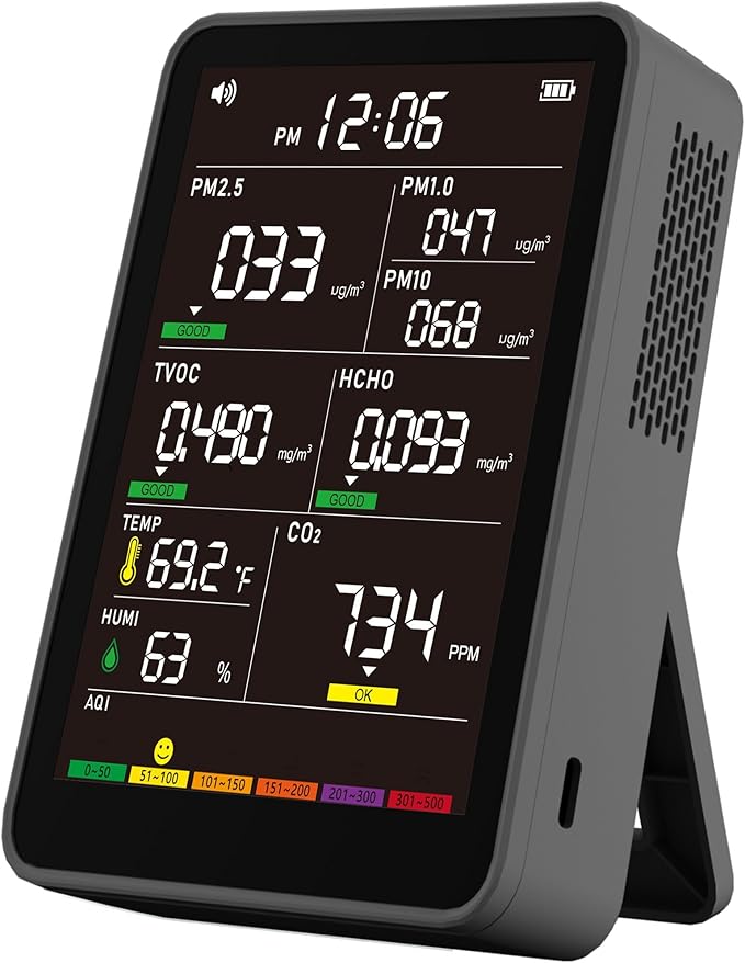 Professional Indoor Air Quality Monitor with AQI Alarms, Portable Real-Time Detector for Home Cars Plants and Pets (Black)