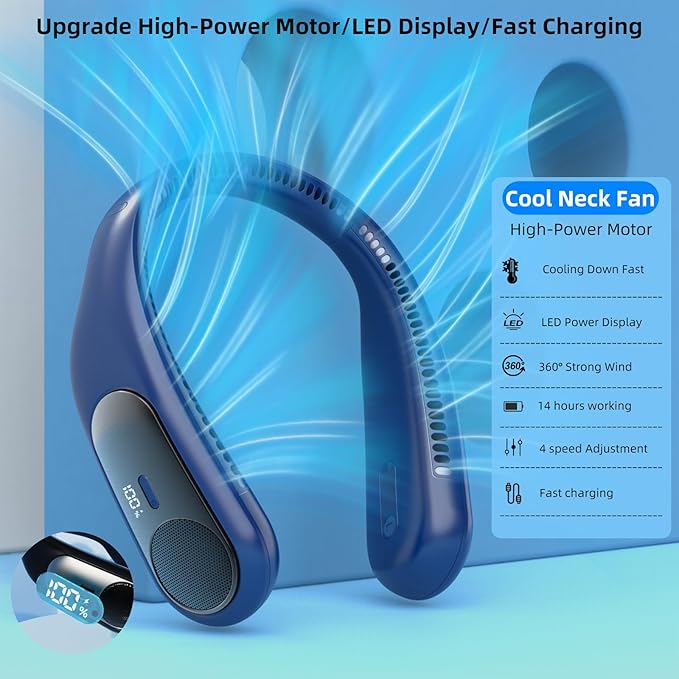 Portable Neck Fan,Personal Wearable Bladeless Fan,LED Display,4-Speeds,6000mAh USB Rechargeable,360° Strong Cooling Wind,Hands Free,White Elephant Gift,Christmas Gifts for Men Women Dad Mom (Blue)