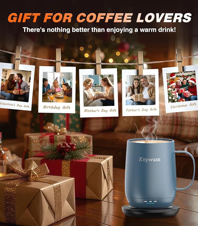 Kepwam Self Heating Coffee Mug T2, 16oz Smart Heated Coffee Mug, 150 Min Battery Life - Hot up to 149℉ Temperature Control Coffee Mug Warmer, Gifts for Dad Mom (No APP)
