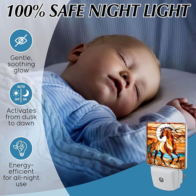 PODMemory Horse Stained Glass Night Lights Plug into Wall for Room, Horse Night Light LED for Bedroom