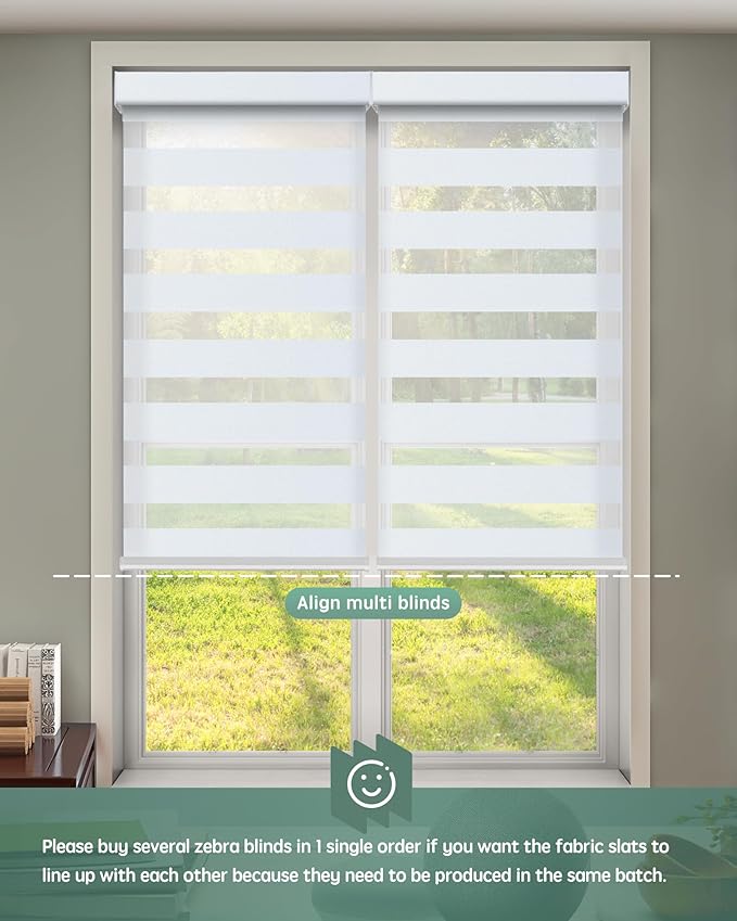 Yoolax Motorized Zebra Blinds Compatible with Alexa, Smart Dual Layer Shades with Privacy Light Control, Electric Horizontal Window Blind Customized Size for Home Office (White Matte)