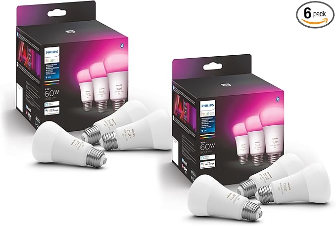 Philips Hue A19 LED Smart Light Bulb - White and Color Ambiance - 60W Indoor Light Bulb - Control with Hue App - Compatible with Alexa, Google Assistant and Apple Homekit - 6 Pack