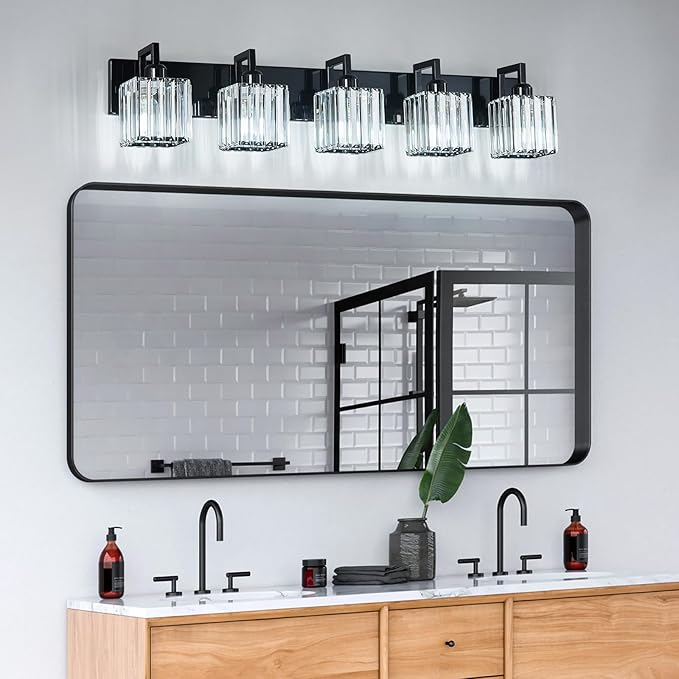 FDPBY Modern Bathroom Vanity Light 5-Lights Plating Black Vanity Light Crystal Wall Light Bathroom Light Fixtures