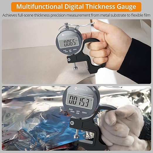 Neoteck Digital Thickness Gauge 0.5inch/12.7mm,0.00005inch/0.001mm LCD Display with Inch/MM Conversion One-Hand Quick Press Thickness Measuring Tool for Leather Paper Fabric Film etc.-Silver-Grey