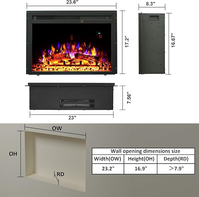 23.6 Inch Electric Fireplace Insert, Recessed Electric Fireplace Heater with Adjustable Brightness, Weekly Timer, Remote Control, Overheat Protection, 750/1500W
