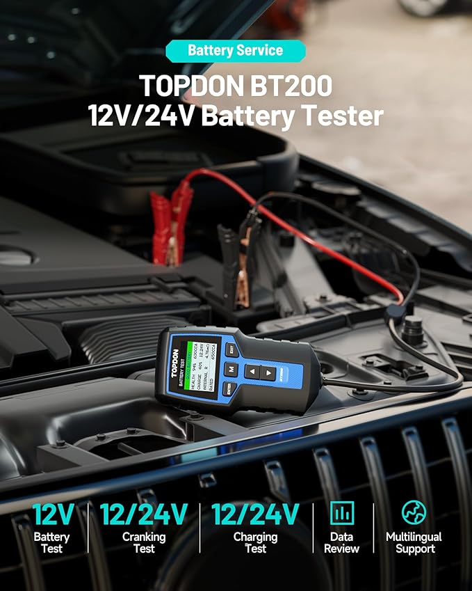 Car Battery Tester 24V 12V Load Tester, TOPDON BT200 100-2000CCA Automotive Alternator Tester Digital Auto Battery Analyzer Charging Cranking System Tester for Car Truck Motorcycle ATV SUV Boat Yacht