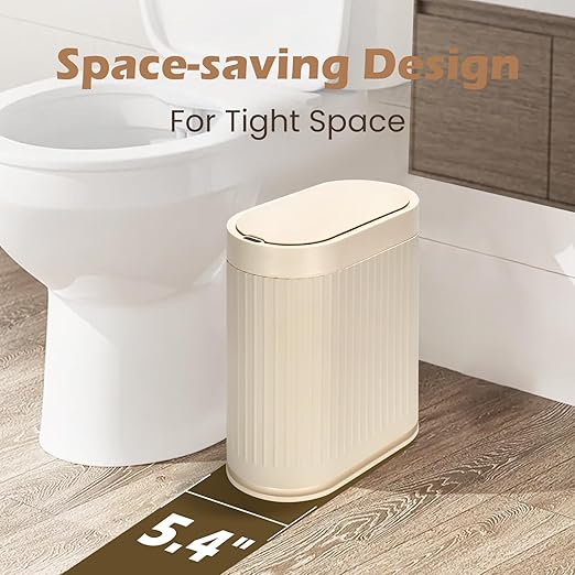 Bathroom Trash Can with Lid Automatic 2 Gallon Sensor Trash Bin, 7.5 Liter Smart Rubbish Bin, Motion Sensor Waterproof Bathroom Decor, Plastic Narrow Garbage Can for Bedroom, Office, Beige