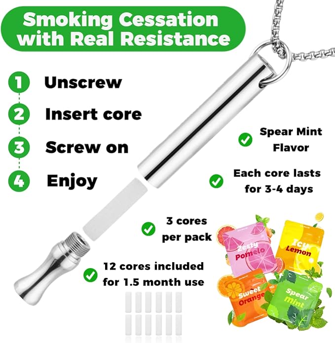 Replace Bad Habit Flavored Air Necklace with 12pcs Refillable Cores in 4 Flavors, Habit Support Refreshing Necklace for Stress Relief Sensory Fidget for Adults (Silver)
