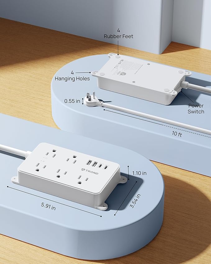 TROND Power Strip with USB, 10ft Extension Cord Surge Protector, 5 Widely Spaced Outlets with 4 USB Ports, ETL Listed, 1300J, Low-Profile Flat Plug, Wall Mountable, White