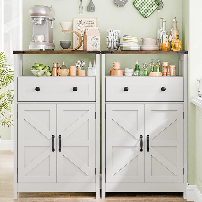 Farmhouse Bathroom Storage Cabinet with Barn Doors, Bathroom Storage Organizer with Drawers, Rustic Freestanding Floor Cabinet for Kitchen, Living Room, White
