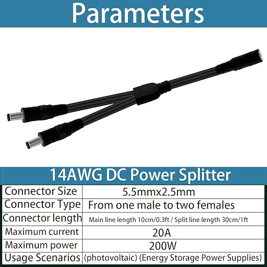 1.3FT 5.5mmx2.5mm 14AWG 12V/24V DC Power Splitter 1Female to 2Male High Power 5525 Connector for Solar Panel, Energy Storage Power Supply, Outdoor Power Supply, LED Strip Light 2pcs