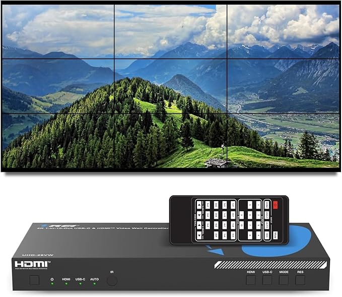 OREI 4K 3x3 Video Wall Controller – HDMI & USB-C Video Wall Processor, 1080p Output per Screen, Multi-Layout Display Modes, 180° Rotation, Bezel Control, RS-232, Audio Extraction