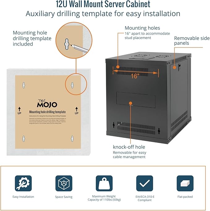 Tecmojo 12U Wall Mount Rack with Thermostat, 17.7inch Depth Enclosed Server Cabinet with 2 Cooling Fans,Lockable Door & Hardware,12U Rack for 19inch Equipments,Glass Door