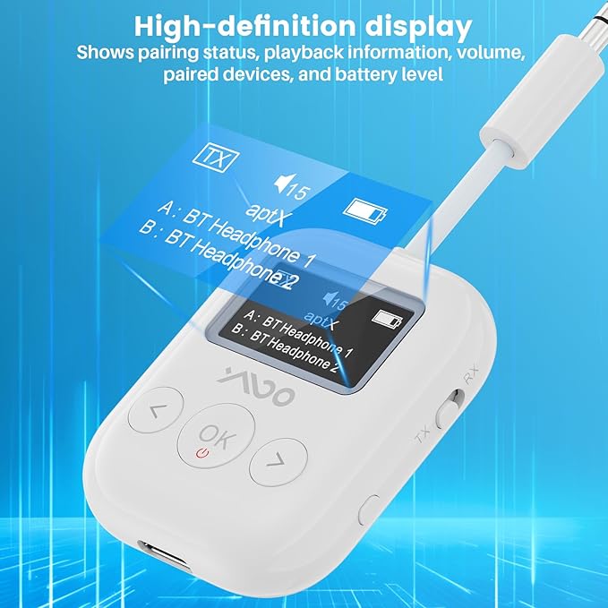 YMOO Bluetooth 5.4 Transmitter Receiver for Airplane, Wireless Bluetooth Adapter Travel Essentials, Supports to 2 Headphones, 25H Playtime, 2-in-1 Adapter with LED Display for TVs Gym Home,White