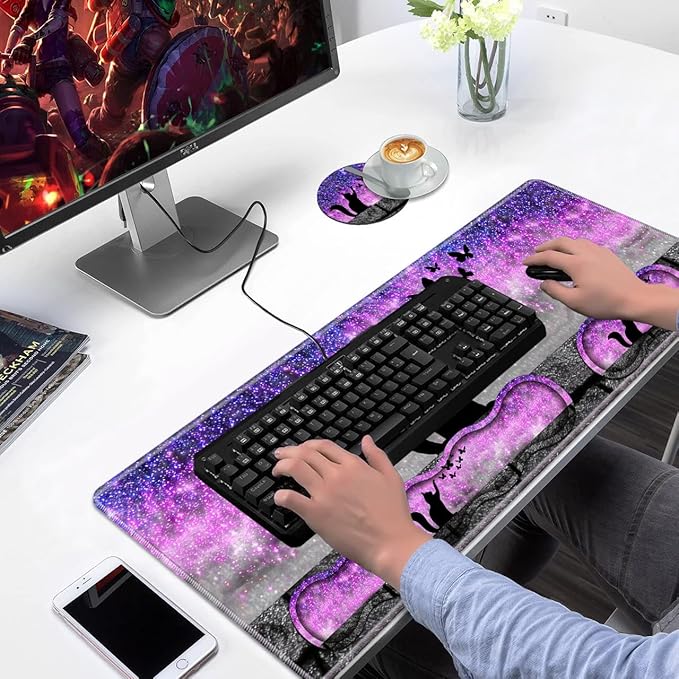 Ergonomic Keyboard Wrist Rest & Mouse Pad Wrist Rest Set, Large XXL Gaming Desk Mat 31.5"x 11.8" with Non-Slip Base, Memory Foam, Easy Typing Pain Relief for Home & Office, Black Cat and Butterfly