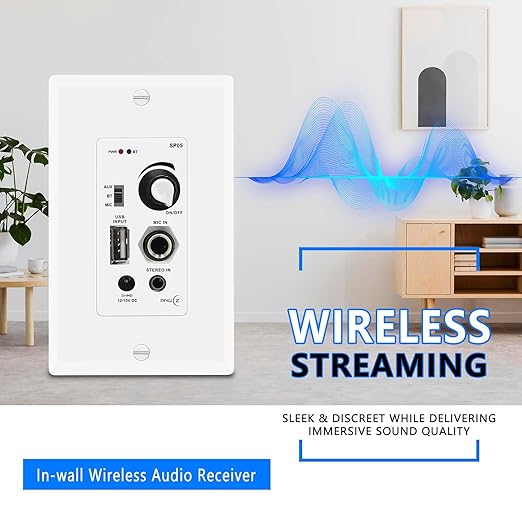 PNWCZ in Wall Audio Control Amplifier Receiver Compatible with Bluetooth 2 Channel Wall Plate with USB Microphone Aux (3.5mm) Input 120W for Sound Systems Home Theater Integration