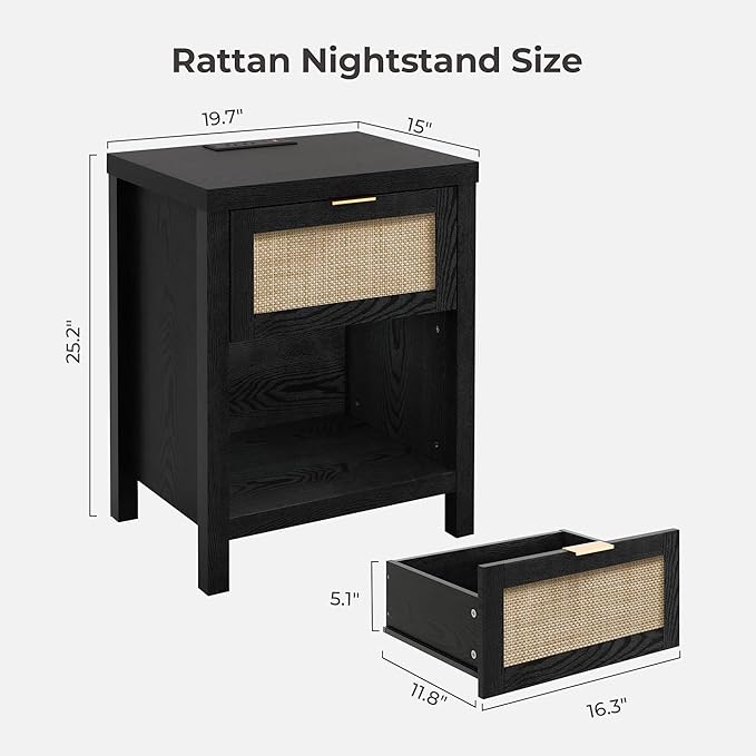 SICOTAS Black Nightstands Set of 2 with Charging Station - Boho Rattan Night Stand with Drawer, Modern Bedside Table with USB and Type-C Ports, Bed Side Tables for Bedroom, Black Oak, 2 PCS