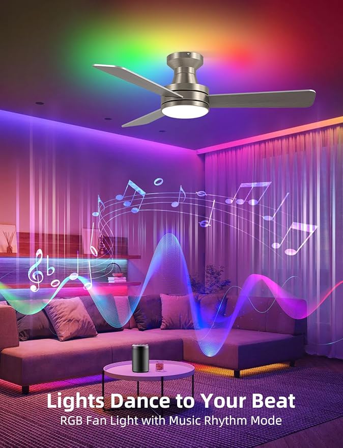 Homlit 42" RGB Ceiling Fan with Light, Music Sync Smart Fan with Alexa/Google/App Control, Low Profile Flush Mount, 6-Speed Quiet DC Motor, 4 CCT Dimmable Lighting for Bedroom Living Room