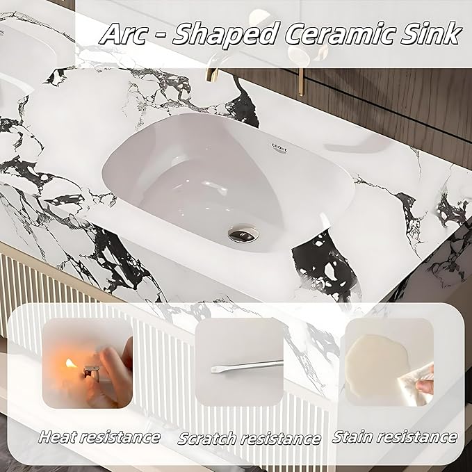 Fashionable Bathroom Vanity with Sink, Smart One-Click Defogging & LED Light, Bathroom Sink and Cabinet with Wave Striped Panel, Rockslab Countertop (Mirror Cabinet, 56IN)
