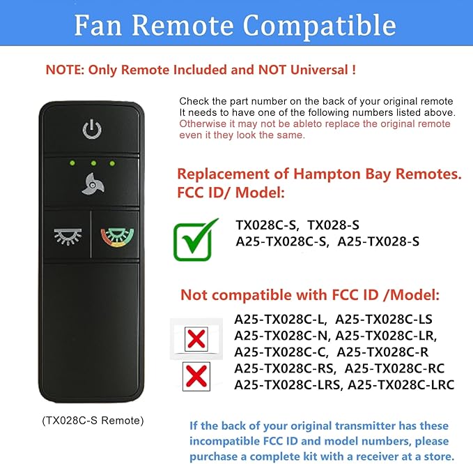 TX028C-S Ceiling Fan Remote Control Replacement for Hampton Bay Home Decorators Collection, 3-Speed Light Dimmer and Color-Changing, 4 Dip Switches Replacement for A25-TX028C-S (Remote Only)