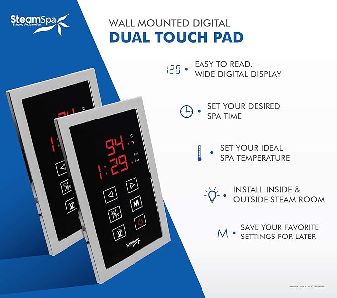 SteamSpa Executive 12KW QuickStart ACU-Steam Bath Generator Package with Built-in Auto Drain in Polished Chrome | Steam Generator Kit with Dual Control Panel Steamheads 240V | SS-EXT1200CH-A