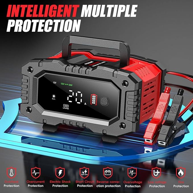 Car Battery Charger 20Amp, 12V 24V LiFePO4 Lead Acid Automatic Smart Battery Maintainer,Trickle Charger Automotive & Desulfator, Repair & Winter Mode w/Protections For AGM STD Gel Deep Cycle Batteries