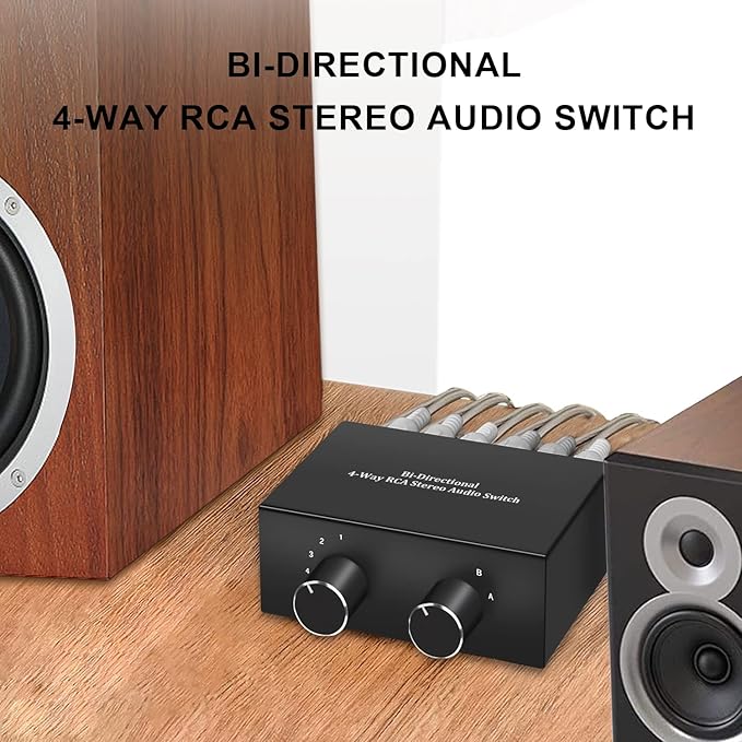 4-Way Stereo Audio Switcher, Bi-Directional Audio Selector Box for Blu-ray Players or DVD Players Active Speakers (2In-4Out/4In-2Out)