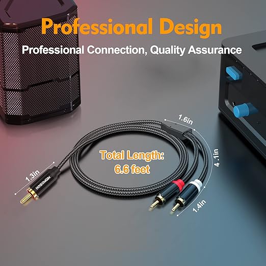 HOSONGIN RCA Y Splitter Cable, 6.6ft, 2 Pack, Gold-Plated, Noise-Free Durable Braided Audio Cable, 1 Male to 2 Male Adapter for Subwoofers, Amplifiers, TVs, Home Theater, Hi-Fi Systems