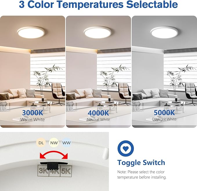 YELIOLED 6 Pack 12 Inch Slim Dimmable LED Flush Mount Ceiling Light Fixtures, 24W 2640LM 3000K/4000K/5000K, House Upgrade Led Lights for Bedroom Hallway Laundry Room Rental Units, 240W Equiv., White