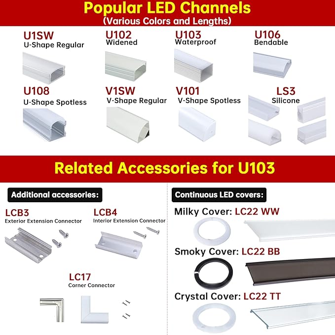 Muzata 10Pack 6.6FT/2M Plus-Size Spotless LED Channel Black LED Strip Diffuser Channel with Milky Frosted White Diffuser Cover U103 BW 2M