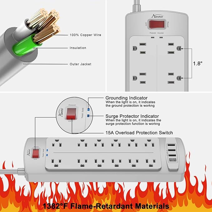 Power Strip, ALESTOR Surge Protector with 12 Outlets and 4 USB Ports, 10 Feet Extension Cord (1875W/15A), 2700 Joules, ETL Listed, Grey