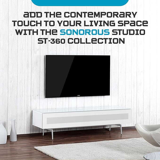 SONOROUS ST-360 Premium TV Stand for Living Room – Modern TV Stands & Entertainment Center with Storage – White Wood & White Glass Cover – Luxury Media Console with Metal Legs for TVs up to 75 inches