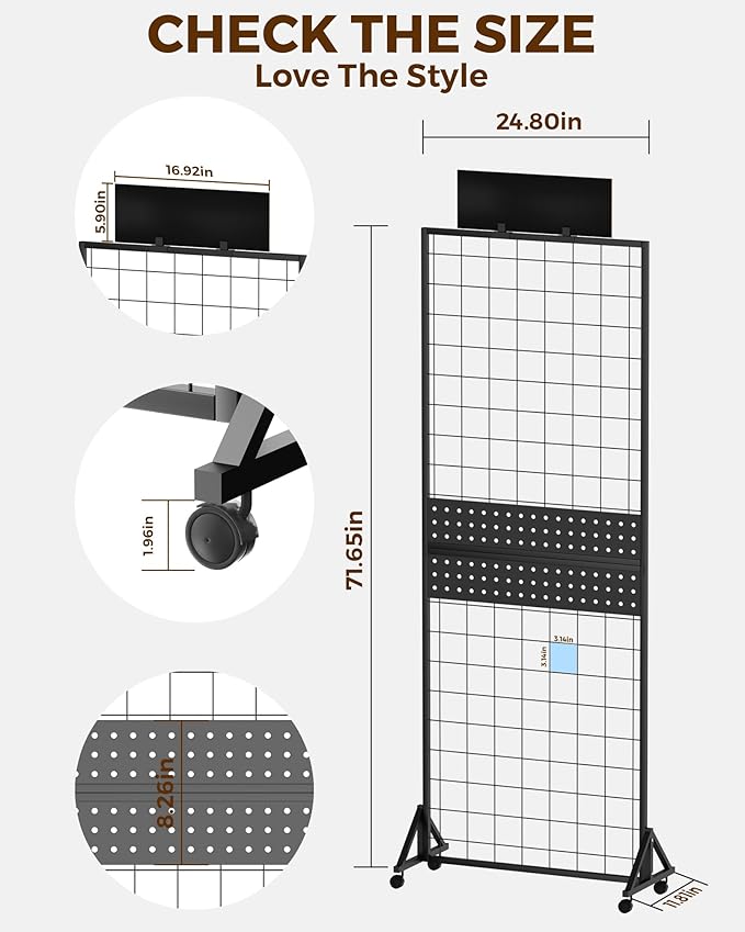 DEMEGA 6' x 2' Ft Grid Wall Panel, Pegboard Gridwall Display Stand with Notice board, Sturdy Floorstanding Wire Grid Rack, Movable Silent Wheel for Home Organization Retail Trade Art Craft Show Vendor