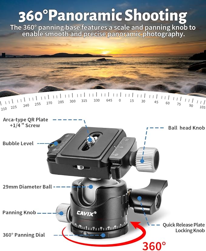 CAVIX Ball Head Mount with 1/4" Screw Arca Type Quick Release Plate 360 Degree - Image 3