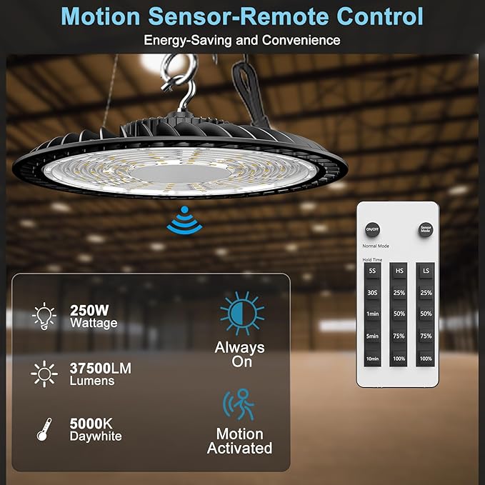 Lightdot Smart 250W High Bay LED Shop Lights 37,500LM High Bay Lights with Controller (Supports Normal Mode & Motion Sensor Mode) ETL-Listed US Plug for 30-40FT Height-6Yrs Warranty-4Pack