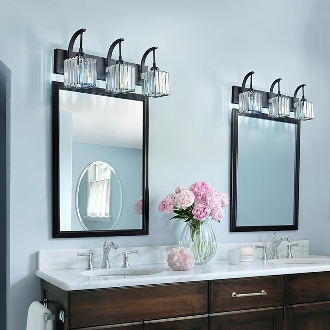 FDPBY Crystal Vanity Lights 3-Light Black Bathroom Vanity Lights Modern Crystal Bathroom Light Fixtures Over Mirror 23.62" Long Vanity Light for Bathroom