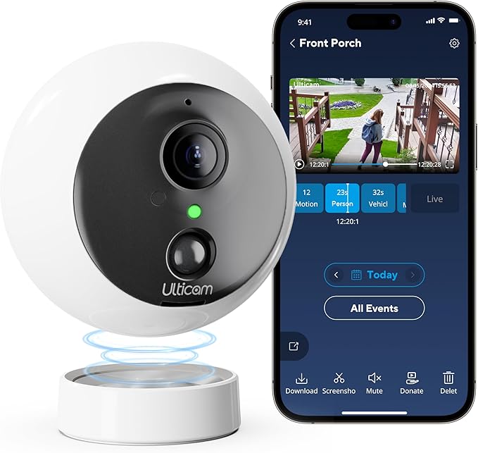 ULTICAM Dot 2K QHD Wireless Smart Security Camera, 170° Wide Angle, AI Human Detection, 2 Way Audio, Night Vision, Free 7 Day Cloud Storage, Indoor/Outdoor, 2.4Ghz Only
