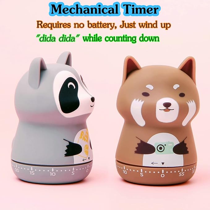 NUOSWEK Mechanical Kitchen Timer - Cute Animal Wind Up 60 Minutes Manual Countdown Timer for Kids, Classroom, Home, Study and Cooking - Grey Raccoon