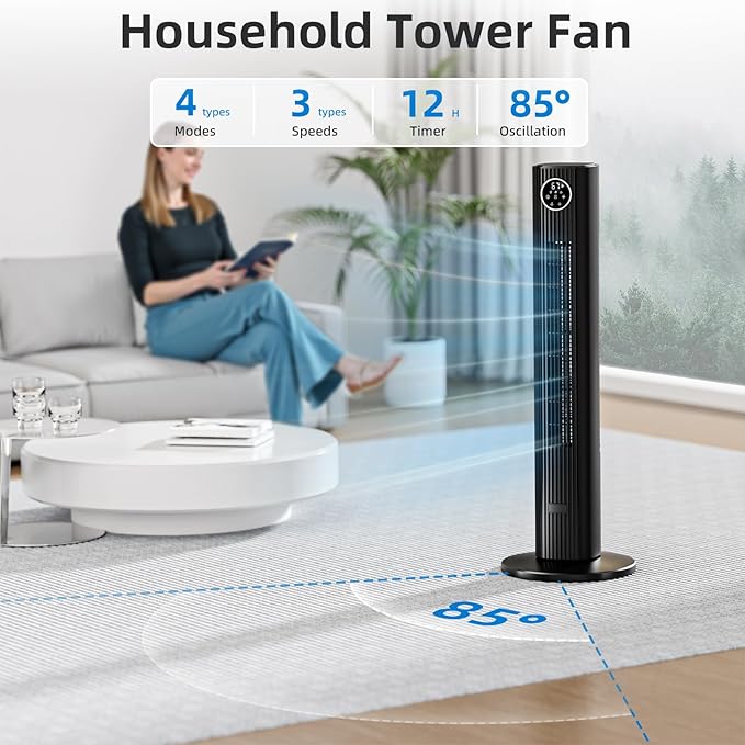 Antarctic Star Tower Fan Portable Floor Fans 85°Oscillating Fan Quiet Cooling 12H Timer Remote Control Standing Bladeless Electric 3 Wind Speeds 4 Modes Bedroom Office,36 inch, Black