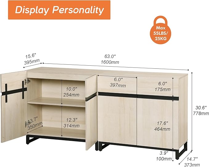 Wampat Modern TV Stand for 70 inch TVs, 2 in 1 Entertainment Center Console with Adjustable Shelves and Metal Base for Living Room, Bedroom, Light Oak