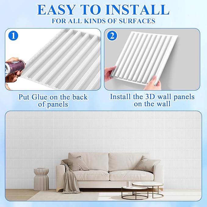 Nuanchu 32 Pcs 3D Slat Wall Panels 12 x 12 Inch PVC Fluted Textured Panel Cuttable Paintable DIY Wall Art Decorative Tiles for Ceiling Studio Bathroom Interior TV Background (White)
